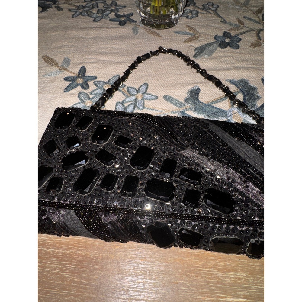 Chicos Black Beaded Gem Embellished Clutch Evening Bag Chain Strap - Picture 4 of 10